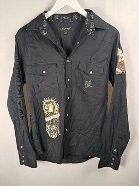 Vintage Ed Hardy Button-Front Shirt Eagle Graphic Y2K Tattoo Rocker Size M Rare